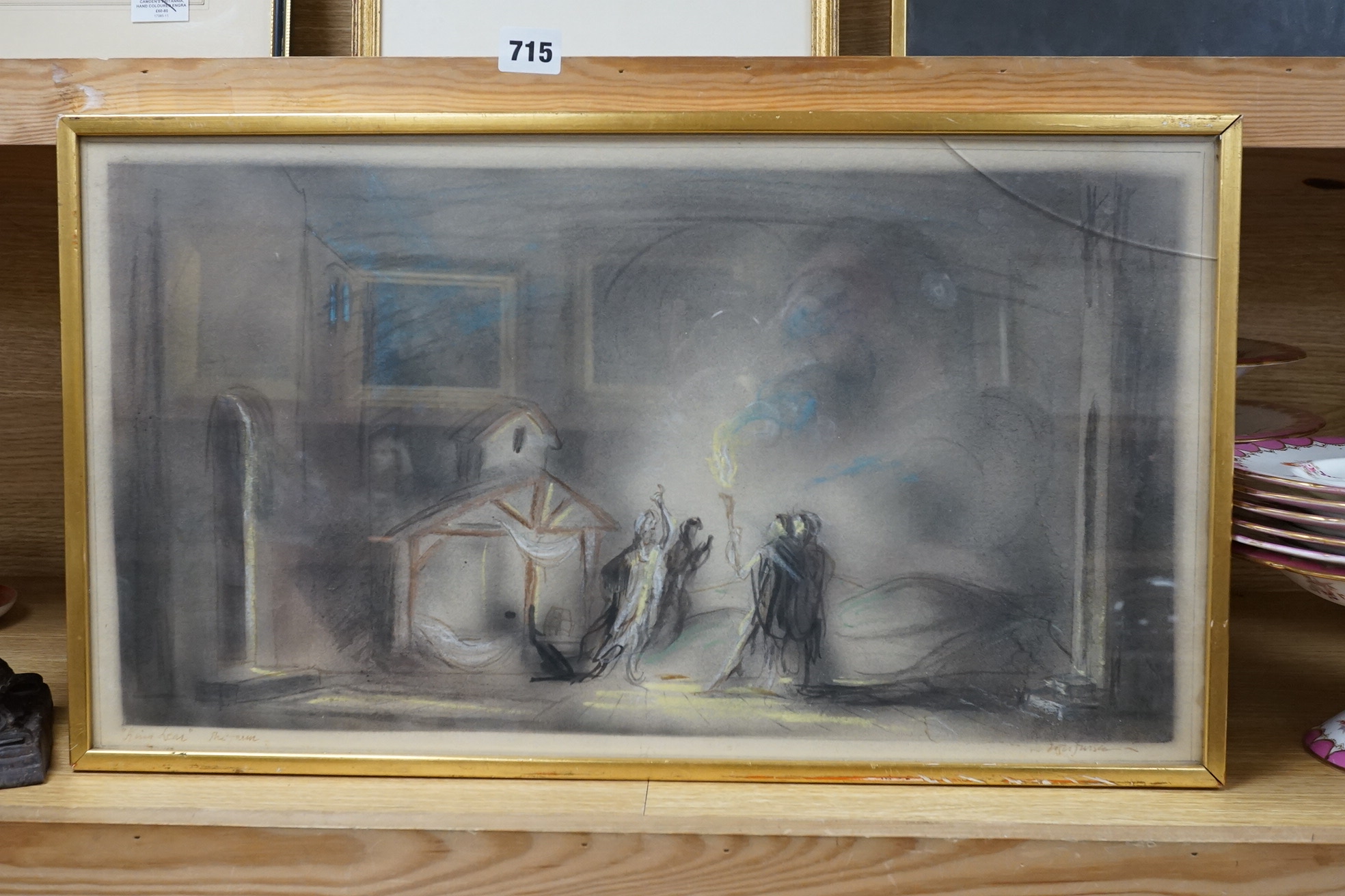 Roger Furse (1903-1972), theatrical interest pastel and mixed media, Scene from King Lear, signed and inscribed in ink, 31 x 56cm. Condition - fair